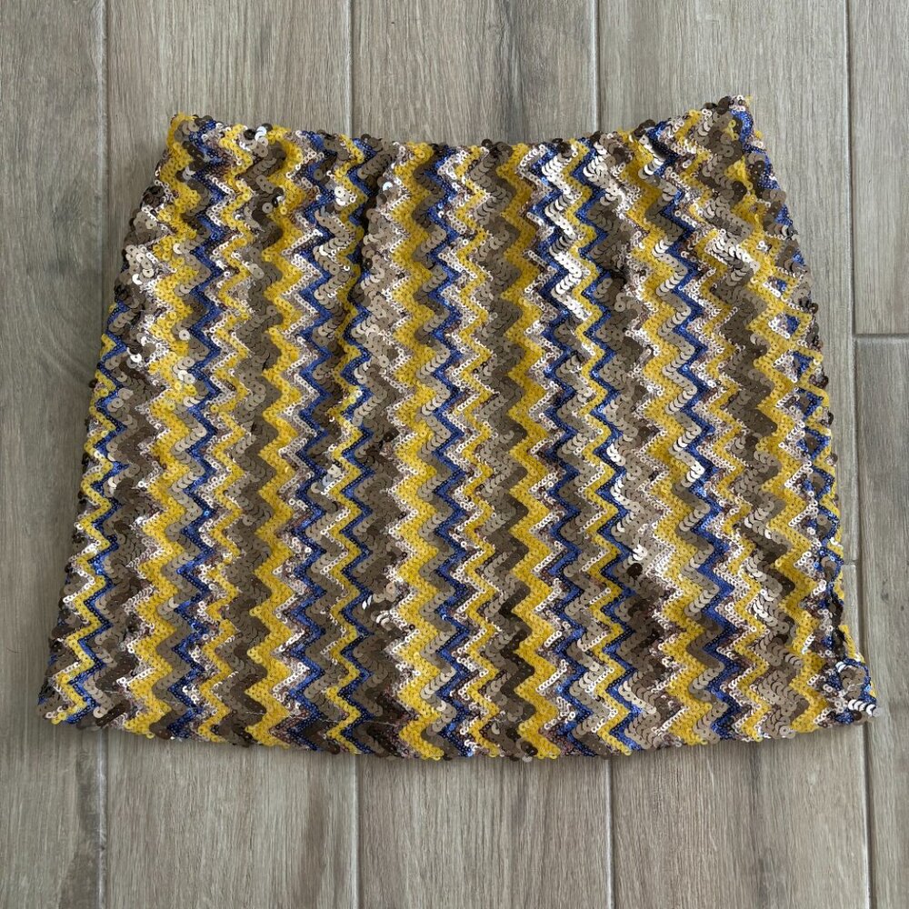 Vintage Shasa Sequin Mini Skirt Women's Large Gold Blue Zig Zag Party Y2K USA - Picture 4 of 8
